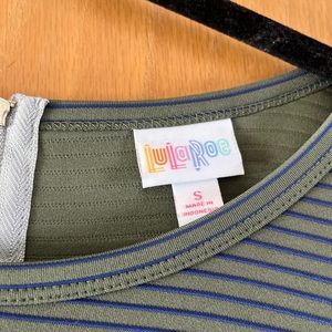 LuLaRoe dress, size S, olive green and blue stripe, zipper back